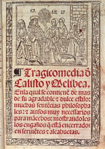 Miniatura su pergamena sulla copertina della Celestina o Tragicomedia de Calisto y Melibea, manoscritto spagnolo di Fernando de Rojas, pubblicato nel 1531 da Fernando de Rojas