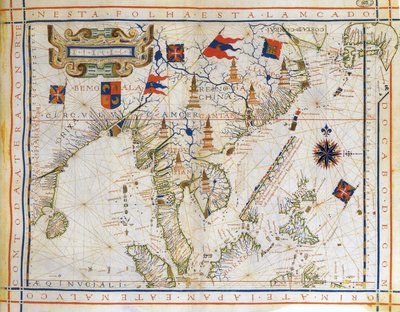 Carta piana, mappa pre-Mercatore del 1571 del cartografo portoghese Fernao Vaz Dourado. Mappa dell