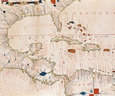 Portolano: Mappa geografica con i nomi della costa di Cuba, Florida, America Centrale e Nord America Latina, Atlante Idrografico di Fernao VAZ DOURADO (XVI secolo) da Fernao Vaz Dourado