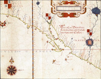 Vista della costa occidentale del Messico e della California meridionale - Mappa da Fernao Vaz Dourado