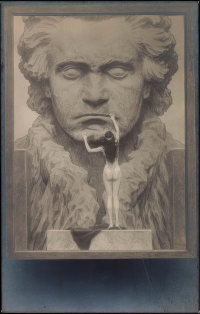 Vista posteriore di un nudo davanti a un ritratto di Beethoven da Fidus