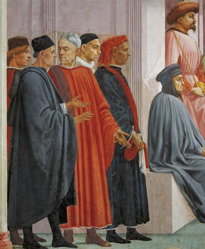 Uomini in abiti medievali, dettaglio da La Resurrezione del Figlio di Teofilo, di Tommaso Masaccio, affresco da Filippino Lippi