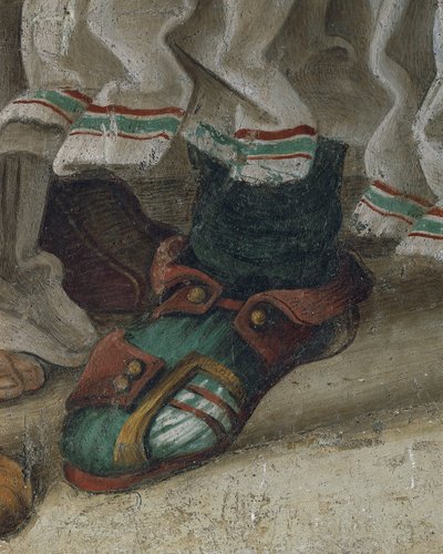 San Filippo scaccia il drago dal tempio di Hieropolis, dettaglio delle calzature, affresco da Filippino Lippi