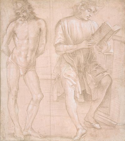 Giovane in piedi con le mani dietro la schiena e un giovane seduto che legge recto... da Filippino Lippi