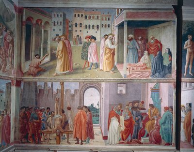 La guarigione dello storpio e la resurrezione di Tabita, di Masolino da Panicale, San Pietro Confronta Simon Mago davanti a Nerone, e il Martirio di San Pietro, di Filippino Lippi, affreschi da Filippino Lippi