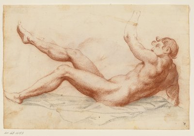 Nudo maschile prostrato girato a sinistra appoggiato sul braccio destro e sollevando il braccio sinistro e la gamba destra da Filippo Esegrenio