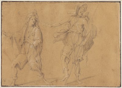 Figura in corsa con il mantello sulla testa e un uomo in piedi con cappello e bastone da Filippo Paladini