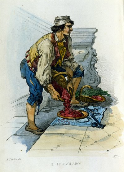 Piccolo commercio della città di Napoli: il fragolaro, un venditore di fragole napoletano. Incisione da un dipinto di F. Palizza. Da un