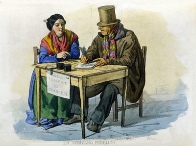 Piccolo commercio della città di Napoli: lo scrivano pubblico. Incisione da un dipinto di F. Palizza. Da un