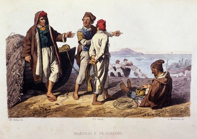 Piccolo mestiere del Regno di Napoli: marinai e pescatori. Incisione da un dipinto di F. Palizza. Da un