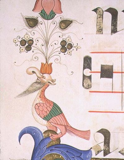 Uccello grottesco con testa umana, dettaglio del bordo decorativo da un libro corale eseguito prima del 1449 (dettaglio) da Filippo di Matteo Torelli