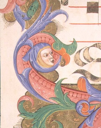 Missale 515 f.156r Foliage zoomorfico con una testa incappucciata, (dettaglio) di un bordo decorativo da un libro corale eseguito prima del 1449 da Filippo di Matteo Torelli