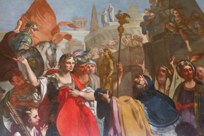 Cesare sotto le mura di Alessandria, di Felice Manassero, cartone per arazzo, anticamera, appartamento orientale, residenza di caccia, di Filippo Juvarra (1678-1736), Stupinigi, Piemonte, Italia da Filippo or Juvara Juvarra