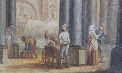 Scena di genere, olio su legno, dettaglio delle persiane della finestra del salone, appartamento della Regina, residenza di caccia, di Filippo Juvarra (1678-1736), Stupinigi, Piemonte, Italia da Filippo or Juvara Juvarra