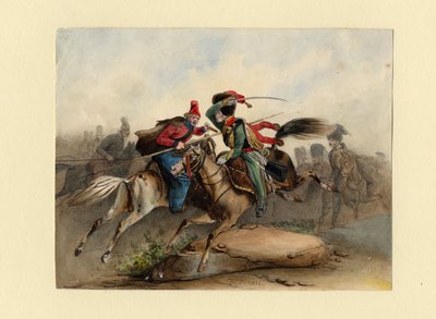Cacciatori a cavallo francesi della Guardia Imperiale in combattimento con i cosacchi russi, c. 1830 da Finert