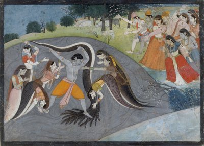 Krishna che sottomette Kaliya, il demone serpente: Foglio da una serie Bhagavata Purana, ca. 1785 da First generation after Manaku and Nainsukh.