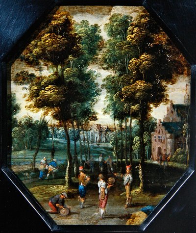 Scena di Kermesse in un villaggio vicino a un fiume da Flemish School