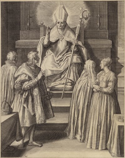 Figura in abiti episcopali seduta in trono con un