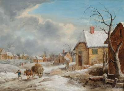 Un villaggio in inverno con un cavallo che traina un carro carico di legna da Flemish School