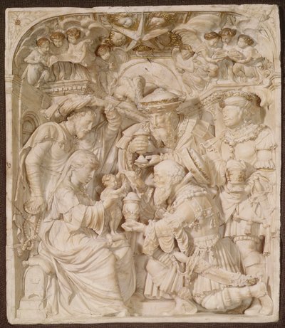 Adorazione dei Magi, rilievo in alabastro e dorato dipinto, Fiammingo, inscritto 