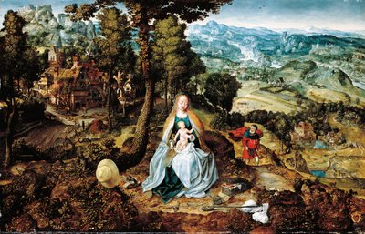 Paesaggio esteso con il riposo durante la fuga in Egitto, scuola di Anversa, c.1520 da Flemish School