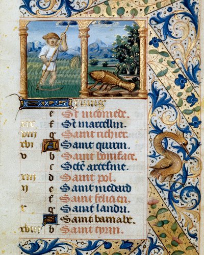 Calendario, giugno, un contadino che falcia e il segno del cancro. Pagina tratta da un libro d