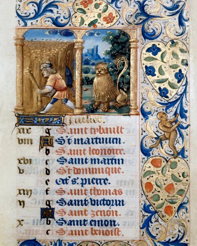Calendario, il mese di luglio, un contadino in un campo di grano e il segno del leone. Pagina tratta da un libro d
