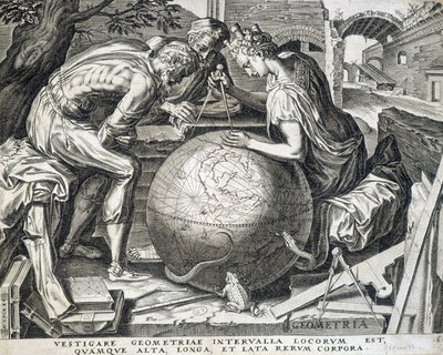 Personaggi che si chinano sopra il globo con compasso (allegoria della geometria) - incisione, Fiandre da Flemish School