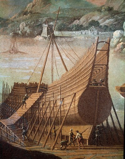 Costruzione di un galeone in un cantiere navale a Genova (dettaglio) da Flemish School