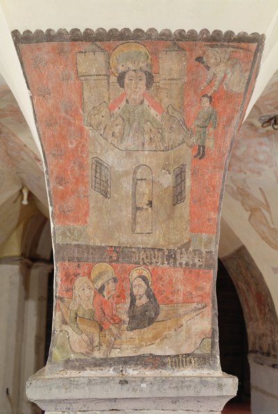 Daniele nella fossa dei leoni, con sotto San Giuliano, sua moglie e Gesù Cristo, affresco dalla cripta, c.1480-1540 da Flemish School