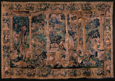 Arazzo fiammingo. Paesaggio con pergola e grandi animali. Versione con pergola estesa. Atelier di Oudenaarde. 340x498cm. Inv 00023. XVII secolo. da Flemish School