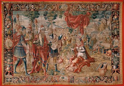 Arazzo fiammingo. Serie Esaù e Giacobbe. Labano cerca gli idoli rubati. Secondo arazzo della serie. Manifattura Paesi Bassi. Seconda metà del XVI secolo. Tessuto Lana. Chiesa di San Nicola di Bari da Flemish School
