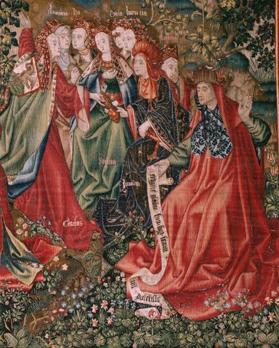 Arazzo fiammingo. Serie Redenzione Umana o Vizi e Virtù. Le Virtù sfidano i Vizi quando Cristo inizia il suo ministero. Sesto arazzo della serie (terzo di quelli conservati a Palencia). da Flemish School