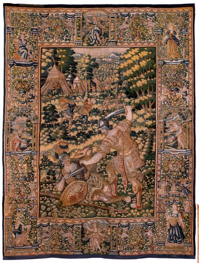 Arazzo fiammingo. Serie Storia di Ciro. N. V Combattimento tra due guerrieri e la morte di Ciro. Anonimo, basato su Michiel Coxcie. Atelier Anversa. Seta e lana. Ca 1590. da Flemish School