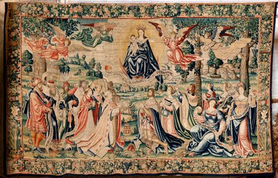 Arazzo fiammingo. Serie La grandine. Salve Regina. Manifattura laboratori di Bruxelles, una possibile manifattura di Marc Crétif. Ca 1528. Dimensioni 412 x 652 cm. Tessuto seta e lana. Posizione Cattedrale di Palencia. Origine Un lascito del vescovo Fonsec da Flemish School