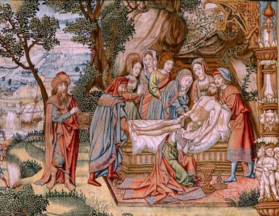 Arazzo fiammingo. Serie La Passione di Cristo. La discesa dalla croce. Seconda serie di arazzi della Passione di Cristo appartenente al Patrimonio Nacional. Modello Cartonisti della cerchia di Jan van Roome. Manifattura Pieter van da Flemish School