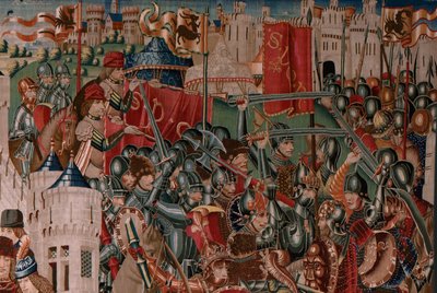 Arazzo fiammingo. Serie Sconosciuta. Storia romana? Tarquinio Prisco. Manifattura laboratori di Bruxelles?. Ca 1475. Tessuto Lana e seta, 6 trame per cm. Origine Donazione del conte Alba de Aliste, arrivato alla cattedrale nel 1608 da Flemish School