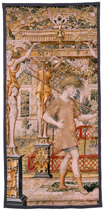 Arazzo fiammingo. Serie Vertumno e Pomona. No II Vertumno trasformato in agricoltore. Modelli Circolo di Pieter Coecke Van Aelst e Léonard Thiry. Atelier sconosciuto, Bruxelles. Oro, da Flemish School