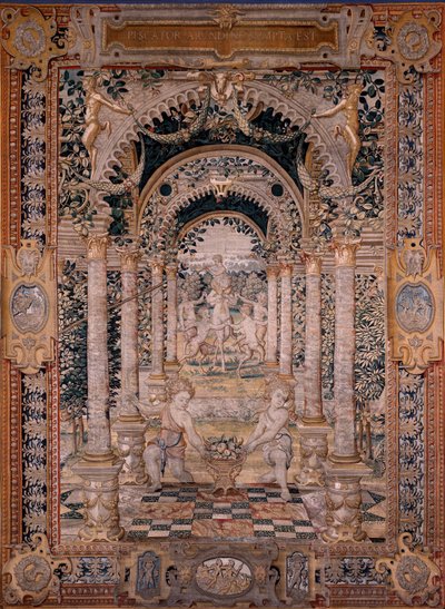 Arazzo fiammingo. Serie Vertumno e Pomona. Settimo arazzo della serie; Vertumno trasformato in pescatore (parte centrale). Modelli Circolo di Pieter Coecke Van Aelst e Léonard Thiry. Manifattura Laboratorio sconosciuto, Bruxelles. Prima del 1550. Tessuto G da Flemish School