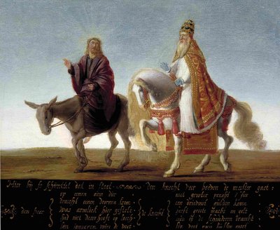 Gesù rappresentato su un asino accanto al papa riccamente vestito su un cavallo da Flemish School