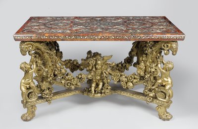 Tavolo intarsiato su base in legno di tiglio scolpito e dorato, 1689 da Flemish School