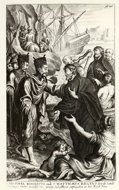 Michael Rogerius (1543-1607) e Matthaeus Riccius (1552-1610) arrivano sulla costa della Cina, illustrazione da una storia della Chiesa di P. Cornelius Hazart, pubblicata ad Anversa, 1668 da Flemish School
