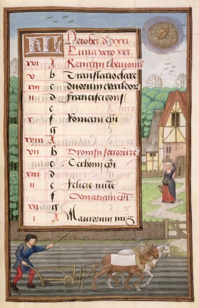 Ms 1058-1975 f10r Aratura con due cavalli, pagina del calendario illuminata per ottobre, da un libro d