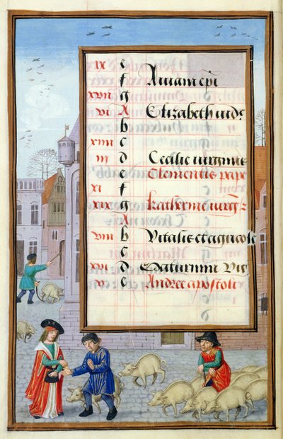 Ms 1058-1975 f11v Vendita di maiali al mercato, pagina del calendario illuminata per novembre, da un libro d