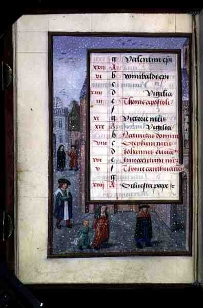 Ms 1058-1975 f12v Neve in una strada, pagina del calendario illuminata per dicembre, da un Libro d