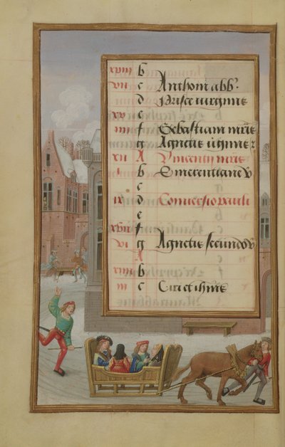Ms 1058-1975 f1v Scena di strada nella neve, pagina del calendario illuminata per gennaio, da un libro d