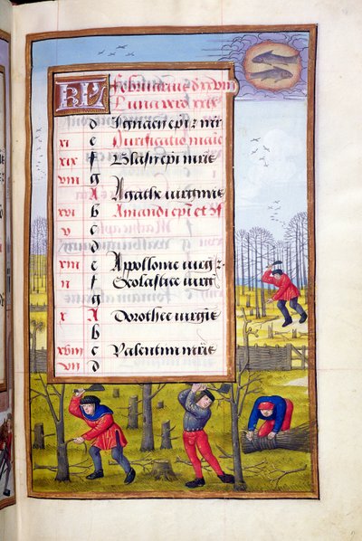 Ms 1058-1975 f2r Taglio degli alberi e legatura delle fascine, pagina illuminata per febbraio, da un libro d