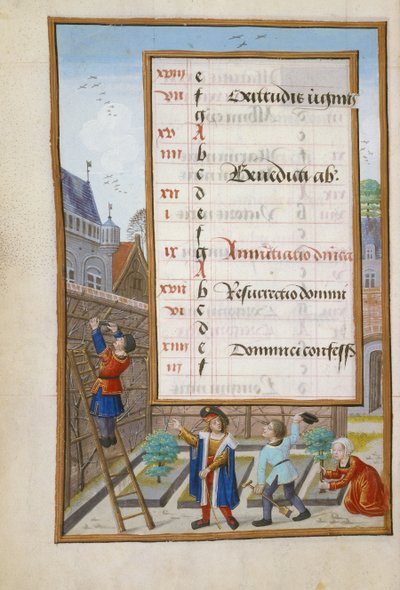 Ms 1058-1975 f3v Proprietario che dà ordini ai suoi giardinieri, pagina del calendario illuminata per marzo, da un libro d