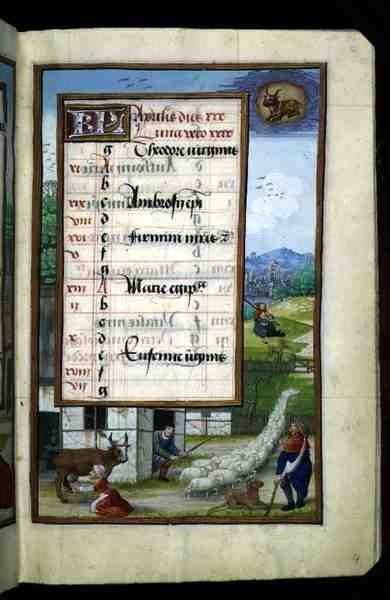 Ms 1058-1975 f4r Scena di fattoria, pagina del calendario illuminata per aprile, da un Libro d