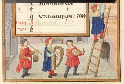 Musicisti in una strada acciottolata, dettaglio da una pagina del calendario illuminato per maggio, da un 